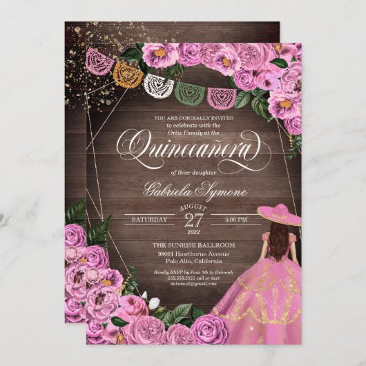 Rustikales Roses Charro Quince Kleid Quinceañera Einladung (Vorne/Hinten)