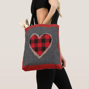 Rustikales Rot Buffalo Karo Herz Jute Falsche Spit Tasche