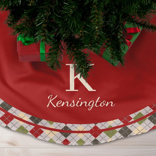Rustikales Rot Grün Argyle Weihnachtsmonogramm Polyester Weihnachtsbaumdecke