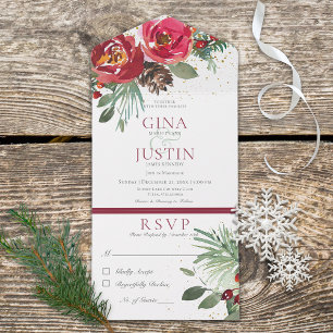 Rustikales Rot-Grün-Winterpine-Abendessen All In One Einladung