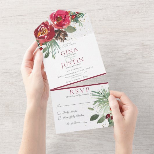 Rustikales Rot-Grün-Winterpine-Abendessen All In One Einladung (Abreißen)