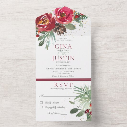 Rustikales Rot-Grün-Winterpine-Abendessen All In One Einladung (Innen Boden)