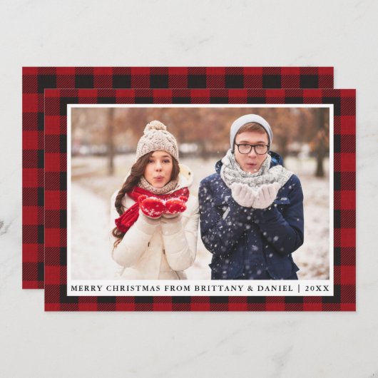 Rustikales Rot Kariert Frohe Weihnachten Couple Fo (Vorne/Hinten)