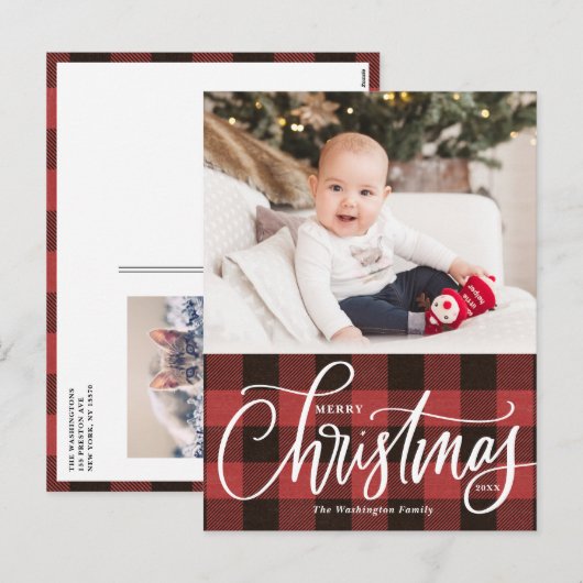 Rustikales Rot Kariert Frohe Weihnachten Foto (Vorne/Hinten)