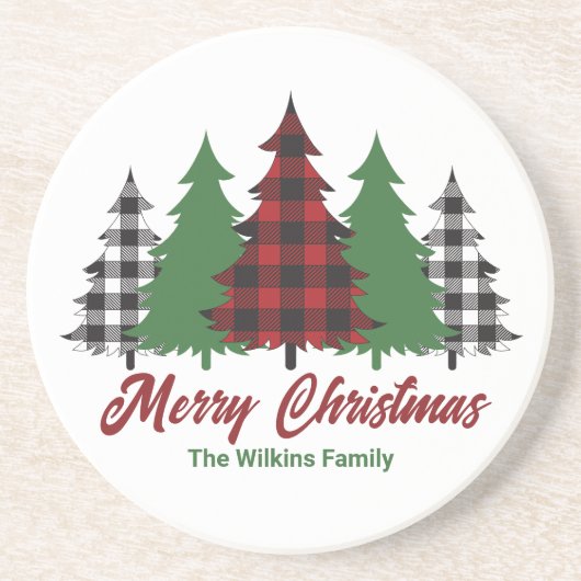 Rustikales Rot Kariert frohe Weihnachtsbaumen Cust Getränkeuntersetzer (Vorne)