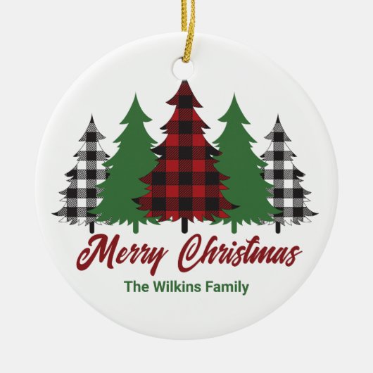 Rustikales Rot Kariert frohe Weihnachtsbaumen Cust Keramik Ornament (Vorne)