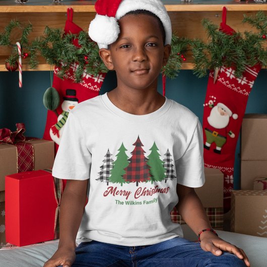 Rustikales Rot Kariert frohe Weihnachtsbaumen Cust T-Shirt