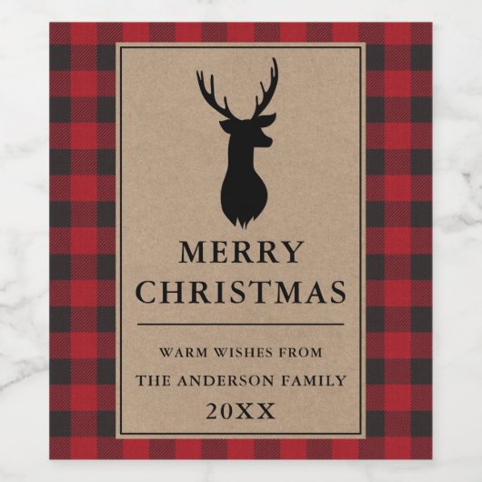 Rustikales Rot Kariert Frohe WeihnachtsKraft Weinetikett (Einzelnes Label)