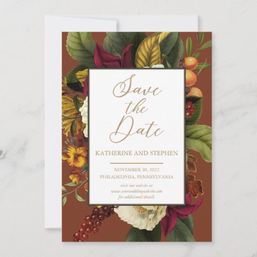 Rustikales Rot | Orange Floral Bouquet Aquamarin Save The Date (Vorderseite)