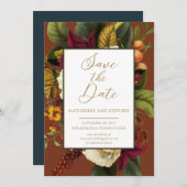 Rustikales Rot | Orange Floral Bouquet Aquamarin Save The Date (Vorne/Hinten)