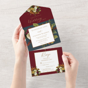 Rustikales Rot   Orange Floral Bouquet Aquamarin W All In One Einladung