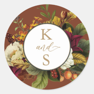 Rustikales Rot Orange Floral Bouquet Wedding Mono Runder Aufkleber