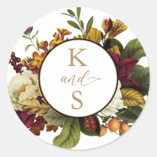 Rustikales Rot Orange Floral Bouquet Wedding Mono Runder Aufkleber