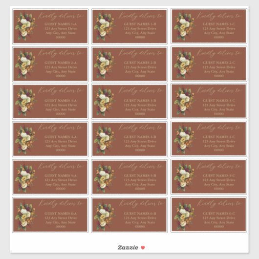 Rustikales Rot | Orange Floral Wedding Guest Addre Aufkleber (Blatt)
