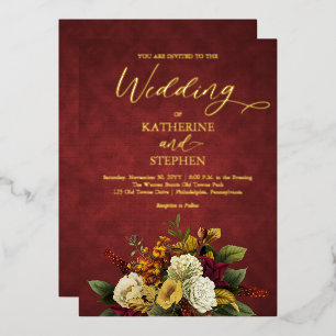 Rustikales Rot   Orange   Gold Floral Bouquet Wedd Folieneinladung