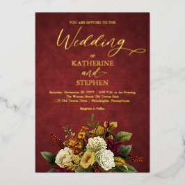 Rustikales Rot | Orange | Gold Floral Bouquet Wedd Folieneinladung