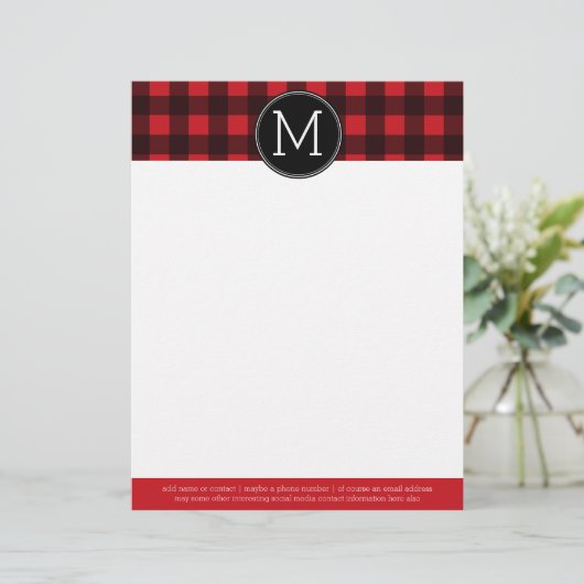 Rustikales Rot-Schwarz-Buffalo-Kariertes Muster Mo Briefbogen (Stehend Vorderseite)
