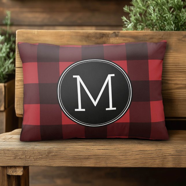 Rustikales Rot-Schwarz-Buffalo-Kariertes Muster Mo Dekokissen (Custom Monogram Pillow)
