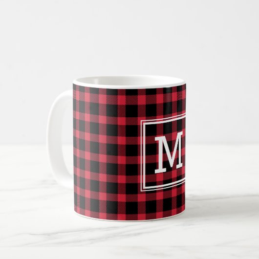 Rustikales Rot-Schwarz-Buffalo-Monogramm der Karie Kaffeetasse (Vorderseite Links)