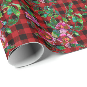 Rustikales Rot-Schwarz-Karo mit Wasserfarben-Rosen Geschenkpapier