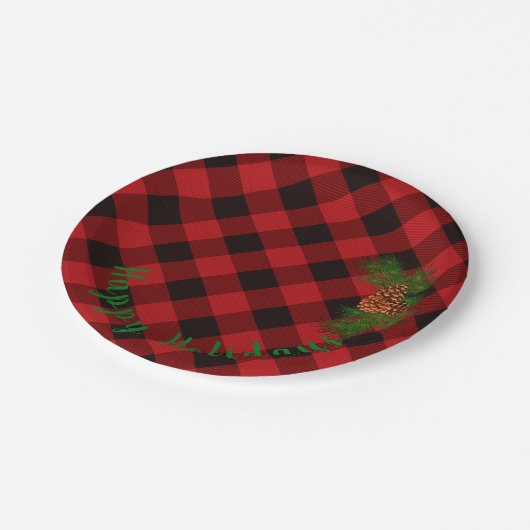 Rustikales Rot und Schwarz kariert - Kiefernzapfen Pappteller (Schrägansicht)
