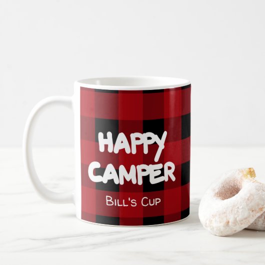 Rustikales Rot und Schwarzes Buffalo Kariert Happy Kaffeetasse (Mit Donut)