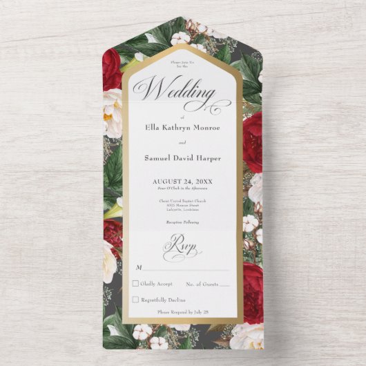 Rustikales Rot und Weiß Blütengoldrahmen Kein Aben All In One Einladung (Innen Boden)