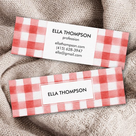 Rustikales Rot Wasserfarbe Gingham Minimalistisch Mini Visitenkarte