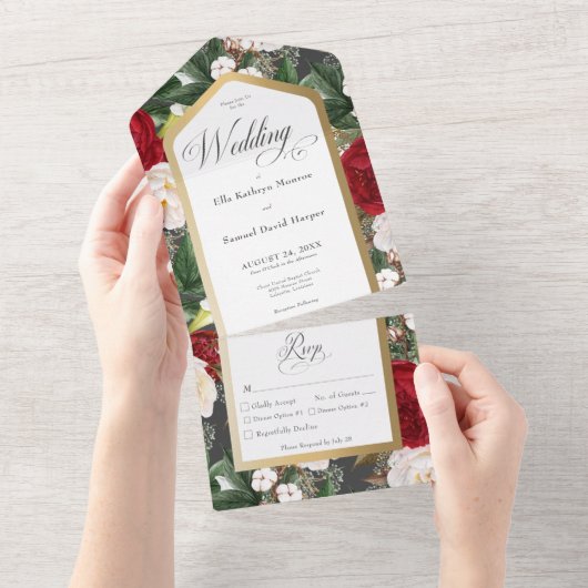 Rustikales Rot-Weiß-Blütengoldrahmen-Abendessen All In One Einladung (Abreißen)