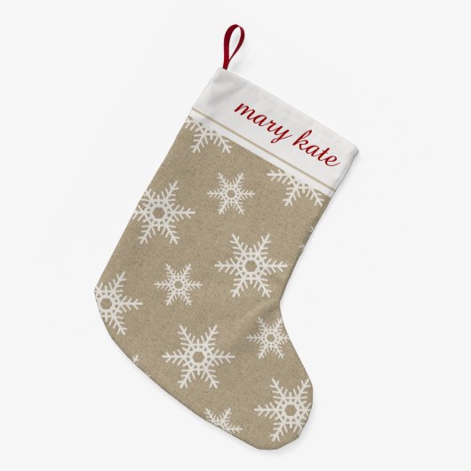 Rustikales Rot-Weiß-Imitat-Schneeflockenmuster Kleiner Weihnachtsstrumpf (Vorderansicht (hängend))