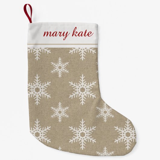 Rustikales Rot-Weiß-Imitat-Schneeflockenmuster Kleiner Weihnachtsstrumpf (Vorderseite)
