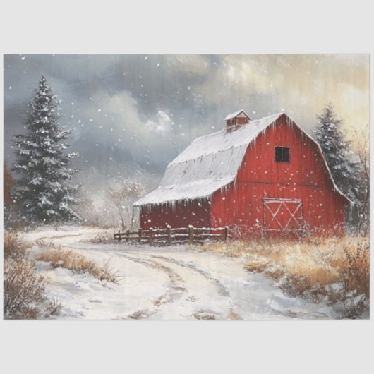 Rustikales Rotbarn Winter Landschaftlich Art Decou Seidenpapier (Vorderseite)