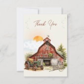 Rustikales Roter Barn Farm Birthday Traktor Party Dankeskarte (Vorderseite)