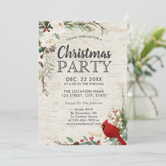 Rustikales Roter Vogel Wintergrün Birch Party Einladung (Stehend Vorderseite)