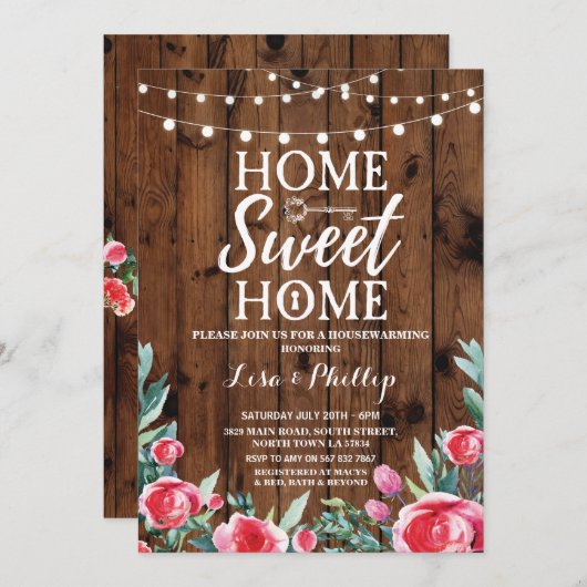 Rustikales Rotes Blumengewächse Holzschlüssel Einl Einladung (Vorne/Hinten)