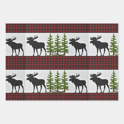 Rustikales Rotes Buffalo Kariert mit Elche Geschenkpapier Set (Vorderseite)