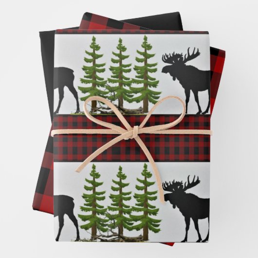 Rustikales Rotes Buffalo Kariert mit Elche Geschenkpapier Set (Beispiel)