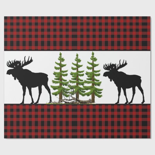 Rustikales Rotes Buffalo Kariert mit Elche Silhoue Geschenkpapier (Flach)