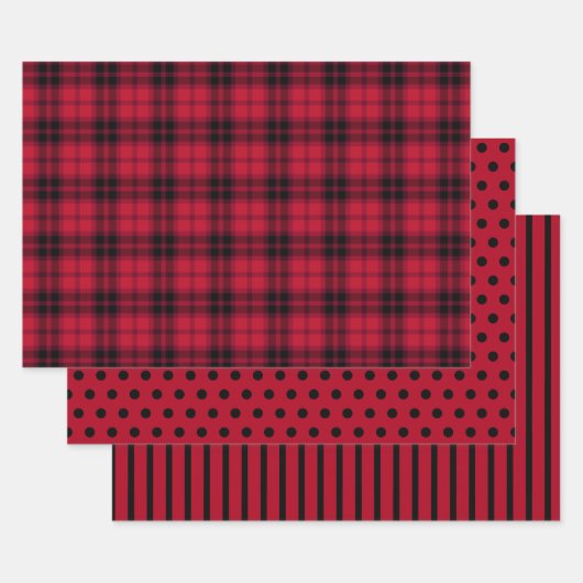 Rustikales Rotes Buffalo Kariert Polka Dots Streif Geschenkpapier Set (Set)