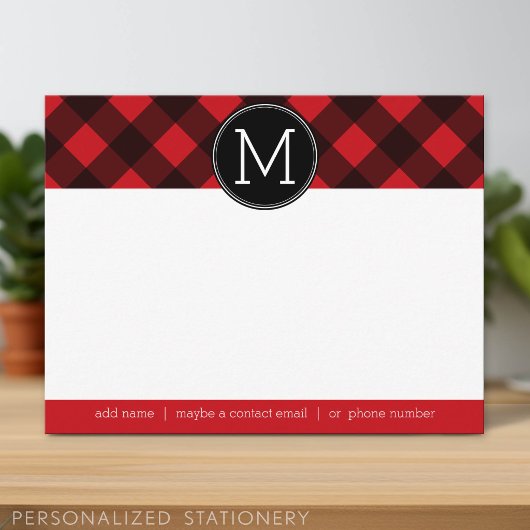 Rustikales rotes Buffalo Kariertes Muster Monogram Mitteilungskarte