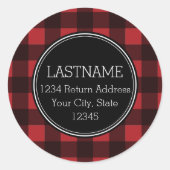 Rustikales rotes Buffalo Kariertes Muster Monogram Runder Aufkleber (Vorderseite)