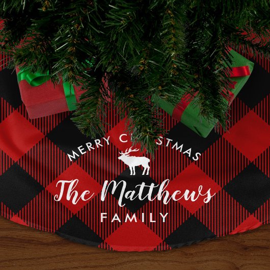 Rustikales Rotes Buffalo Karo Rentier Monogramm Polyester Weihnachtsbaumdecke