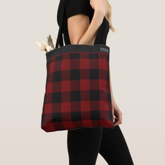 Rustikales rotes Buffalo-Karo-Winter-Monogramm Tasche (Von Nahem)