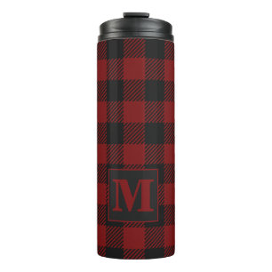 Rustikales rotes Buffalo-Karo-Winter-Monogramm Thermosbecher