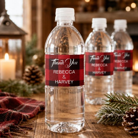 Rustikales Rotes Büffel karierte Weihnachtsfeier Wasserflaschenetikett
