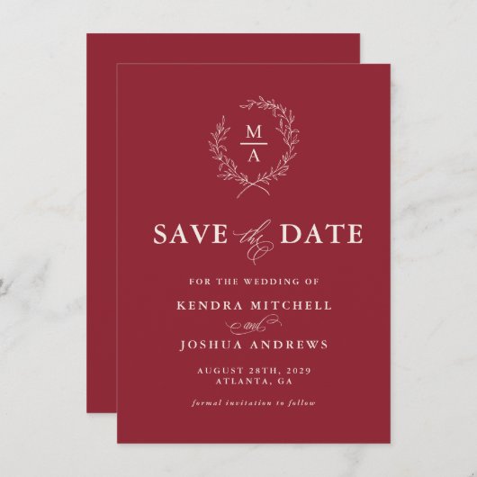 Rustikales Rotes einfaches Monogramm Save The Date (Vorne/Hinten)