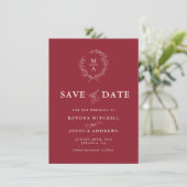 Rustikales Rotes einfaches Monogramm Save The Date (Stehend Vorderseite)