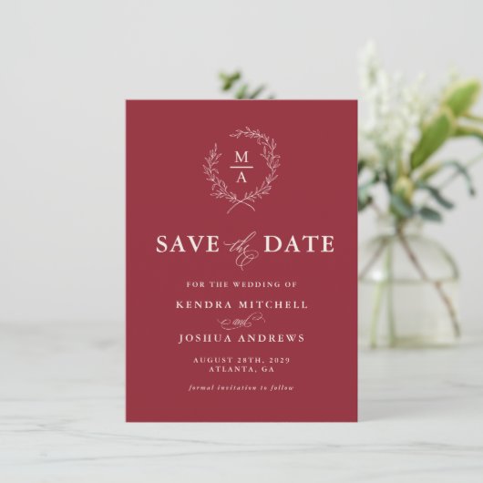 Rustikales Rotes einfaches Monogramm Save The Date (Stehend Vorderseite)
