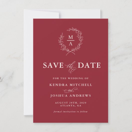 Rustikales Rotes einfaches Monogramm Save The Date (Vorderseite)