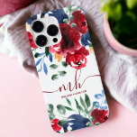 Rustikales, rotes, elegantes, florales Aquarellmon Case-Mate iPhone Hülle<br><div class="desc">Rustikal rosa,  elegante,  blumenfarbene Monogramm-Hülle mit hübschen roten Pfannkuchen,  marineblauen Blumen,  grünen Blätter und Bouquet.</div>